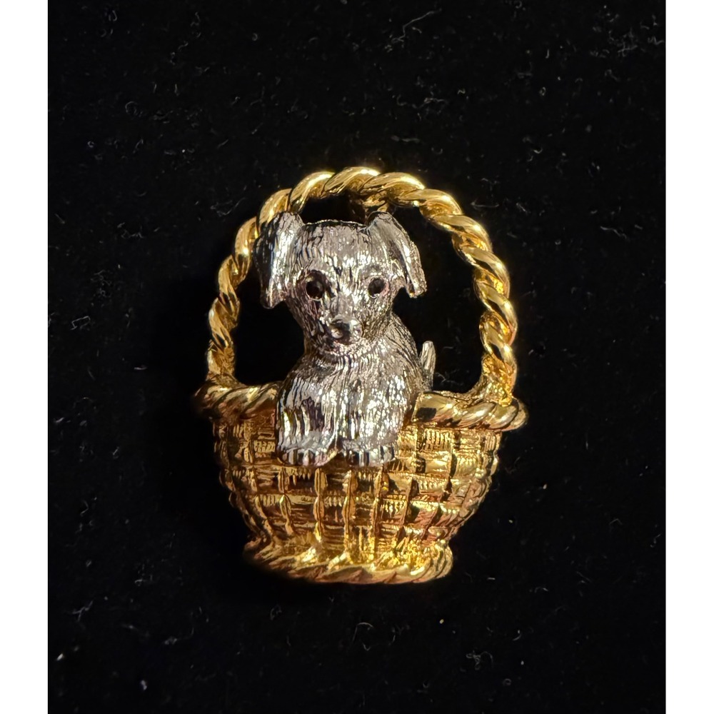 Joan Rivers Puppy in a Basket Pin Gold Silver